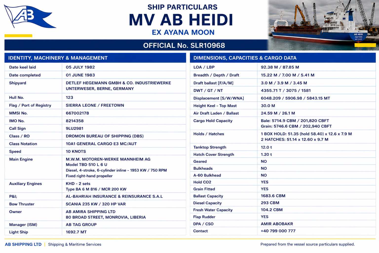 AB HEIDI Ship Particulars